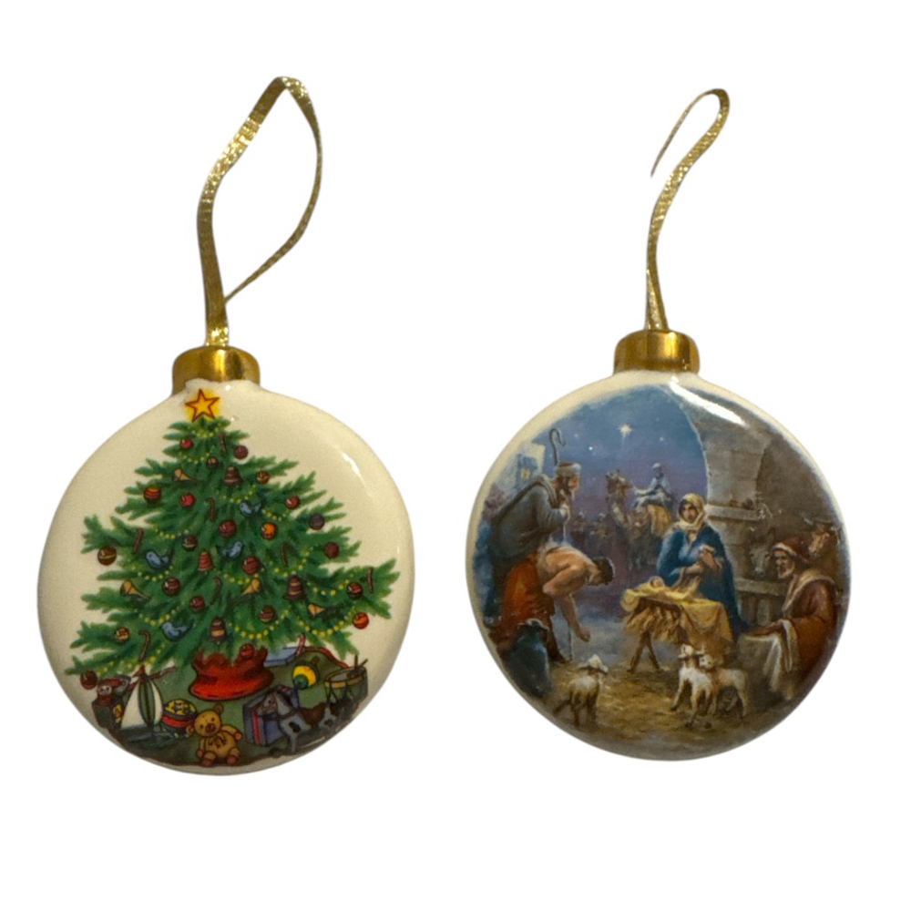 Vintage Ornaments Cream Green Multi-color Christmas Nativity Set of 2 Holiday